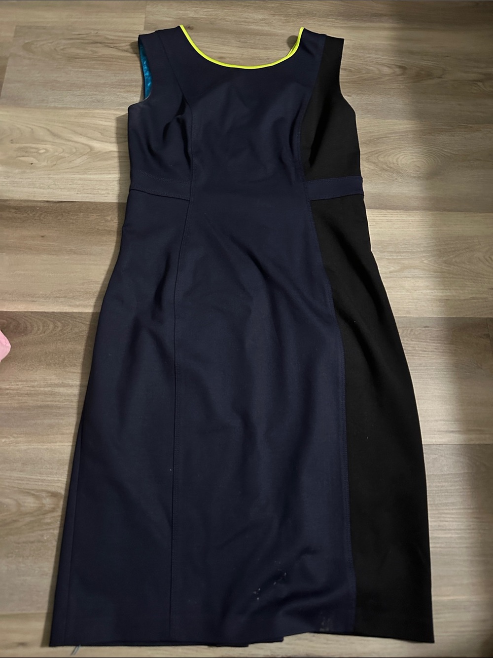 Tahari Navy and Black Midi Sheath Dress with Neon Yellow Trim